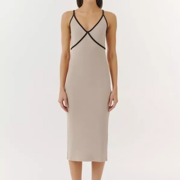 ATM Anthony Thomas Melillo Dresses & Skirts - ATM Anthony Thomas Melillo Tan Modal Rib Cami Dress with Black Contrast Trim-XS